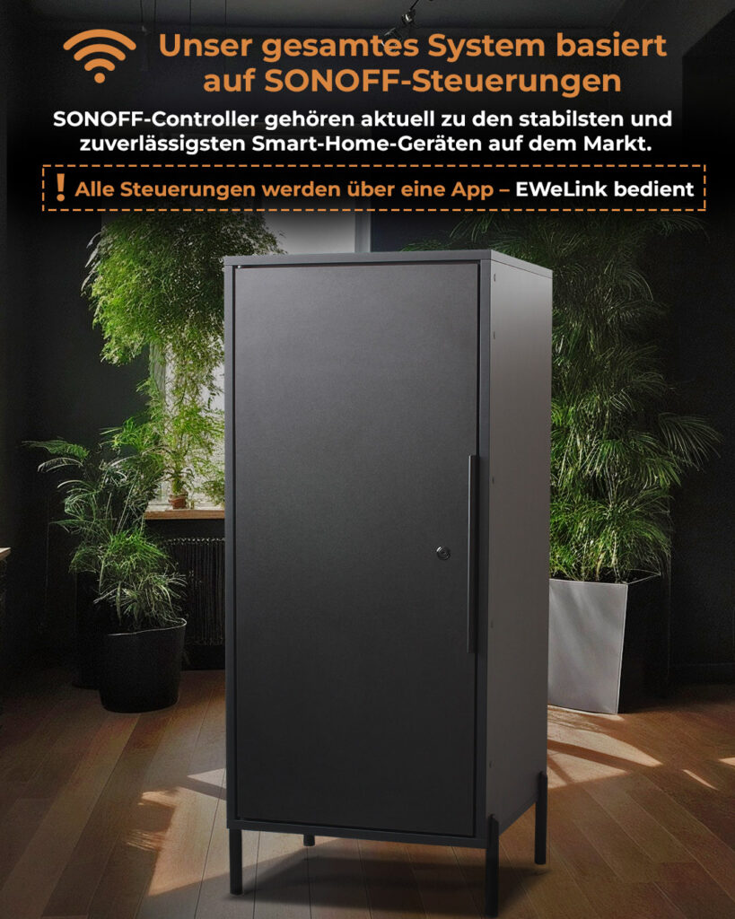 Automatische Growbox mit schwarzer Tür und minimalistischem Design